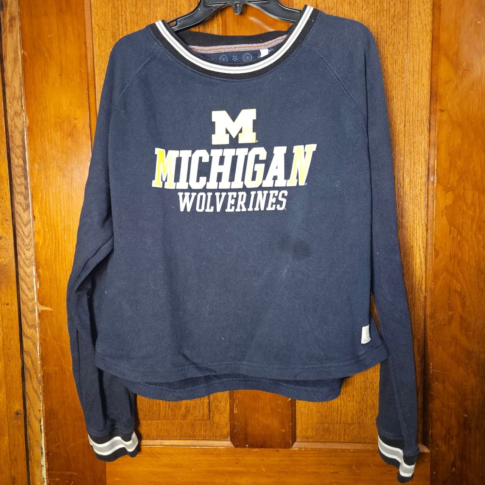Pressbox Michigan Wolverines Navy Blue Cropped Raglan Sweatshirt Womens Large L